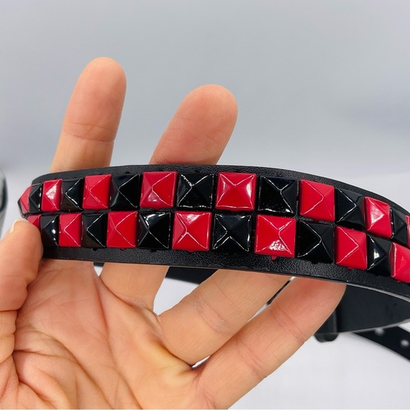 Punk Studded Belt 2 Row Pyramid Emo Stud PU Rock Goth Scene Rivet Black Red Pink - Picture 2 of 11